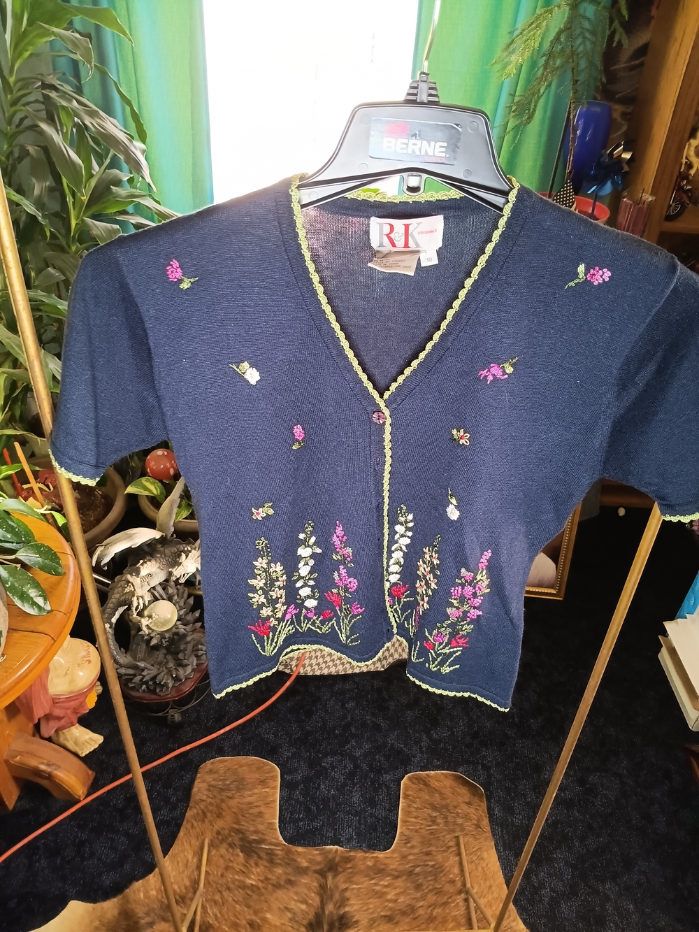 R&K Navy Embroidered Floral Cropped Cardigan